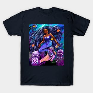 mermaid underwater with flowing shimmering blue black braids fish and jelly fish  , brown eyes curly Afro hair and caramel brown skin T-Shirt